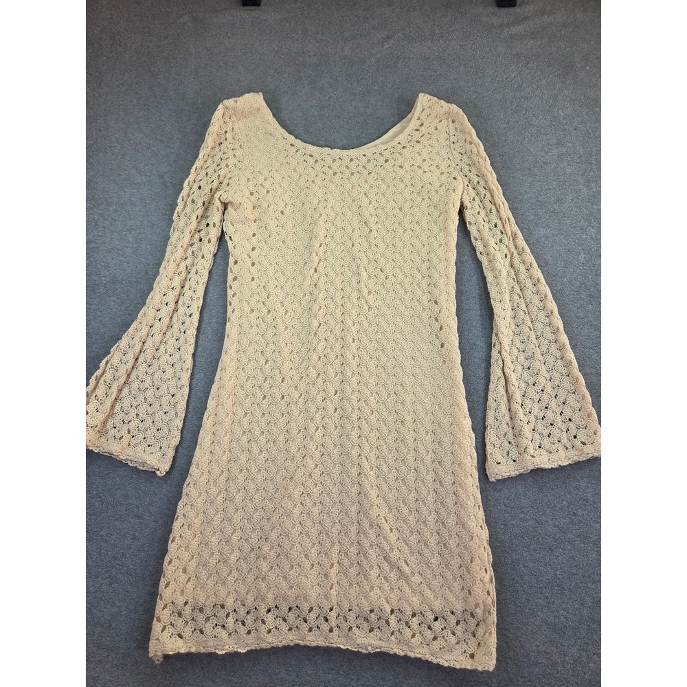 Comme Toi S Cream Crochet Bell Sleeve Dress Boho Festival Resort Mini Tunic